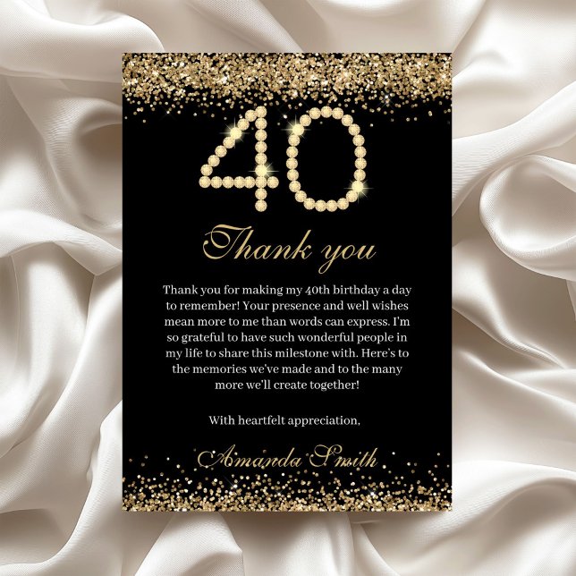 Elegant Gold Diamonds 40th Birthday Thank you Card (Gold Diamonds 40th Birthday Party Thank you card)