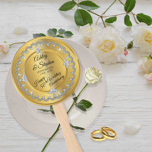 Elegant Gold Diamonds 50th Wedding Anniversary Hand Fan