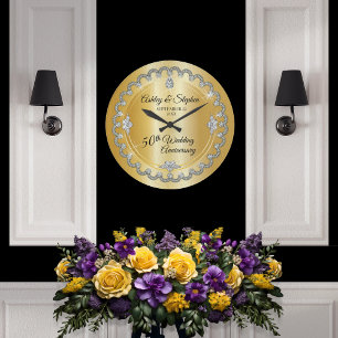 Elegant Gold Diamonds 50th Wedding Anniversary  Large Clock