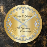 Elegant Gold Diamonds 50th Wedding Anniversary Round Clock<br><div class="desc">Opulent elegance frames this wedding anniversary design in a unique scalloped diamond design with centre teardrop diamond with faux added sparkles on a gold-tone gradient. Please note that all embellishments are printed and are only made to appear as real as possible in a flat, printed design. This includes any metallic...</div>