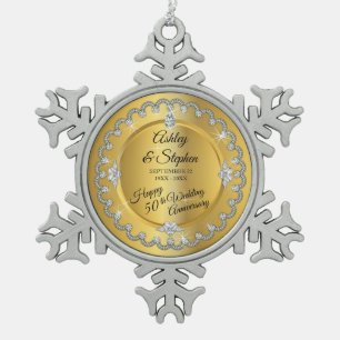 Elegant Gold Diamonds 50th Wedding Anniversary Snowflake Pewter Christmas Ornament