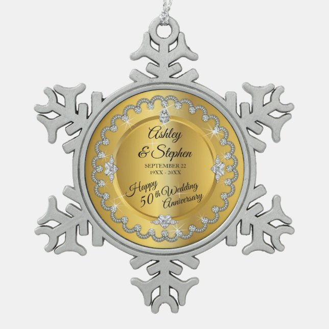 Elegant Gold Diamonds 50th Wedding Anniversary Snowflake Pewter Christmas Ornament (Front)