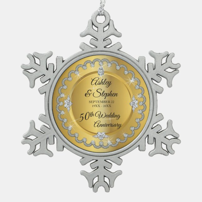 Elegant Gold Diamonds 50th Wedding Anniversary Snowflake Pewter Christmas Ornament (Front)