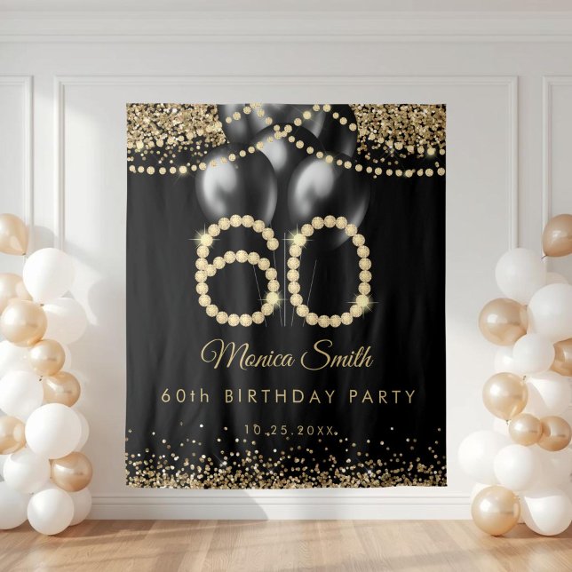 Elegant Gold Diamonds 60th Birthday Party Backdrop Tapestry (Elegant Gold 60th Birthday party Backdrop)