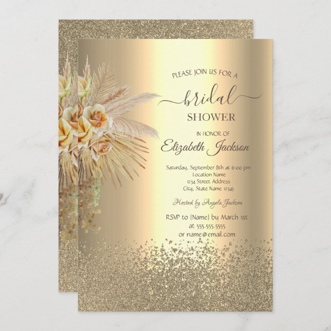 Elegant Gold Diamonds Boho Flowers Bridal Shower Invitation (Front/Back)
