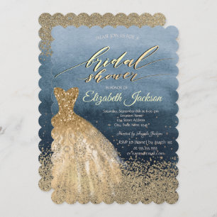 Elegant Gold Diamonds Dress Blue Bridal Shower  Invitation
