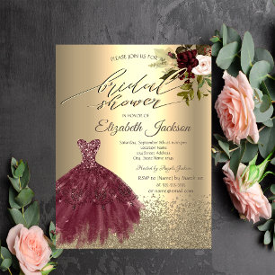 Elegant Gold Diamonds Dress,Flowers Bridal Shower  Invitation