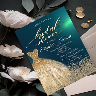 Elegant Gold Diamonds Dress Green Bridal Shower Invitation