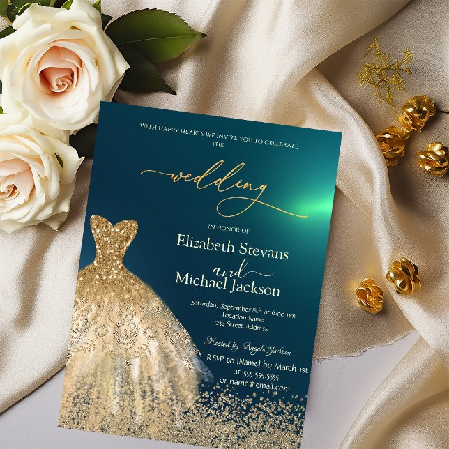 Elegant Gold Diamonds Dress Green Wedding Invitation (Creator Uploaded)