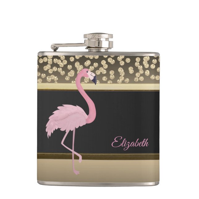Elegant Gold Diamonds, Pink Flamingo-Personalised Hip Flask (Front)