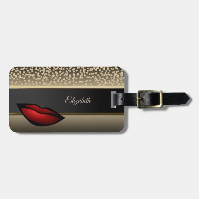 Elegant Gold Diamonds- Red Lip-Personalised Luggage Tag (Front Horizontal)