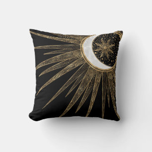 Elegant Gold Doodles Sun Moon Mandala Black Design Cushion
