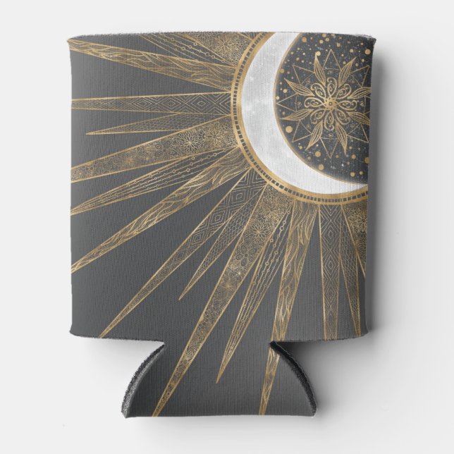 Elegant Gold Doodles Sun Moon Mandala Design Can Cooler (Front)