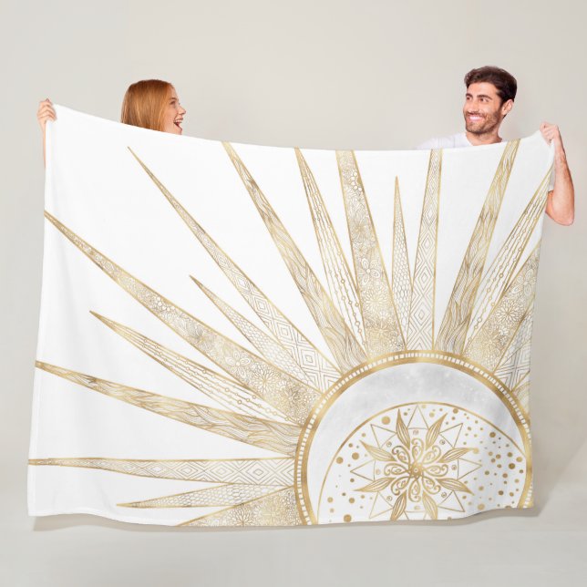 Elegant Gold Doodles Sun Moon Mandala Design Fleece Blanket (In Situ)