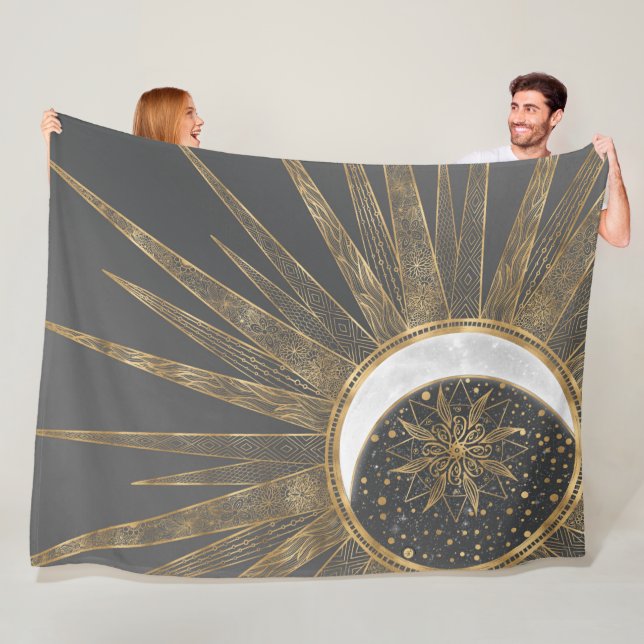 Elegant Gold Doodles Sun Moon Mandala Design Fleece Blanket (In Situ)
