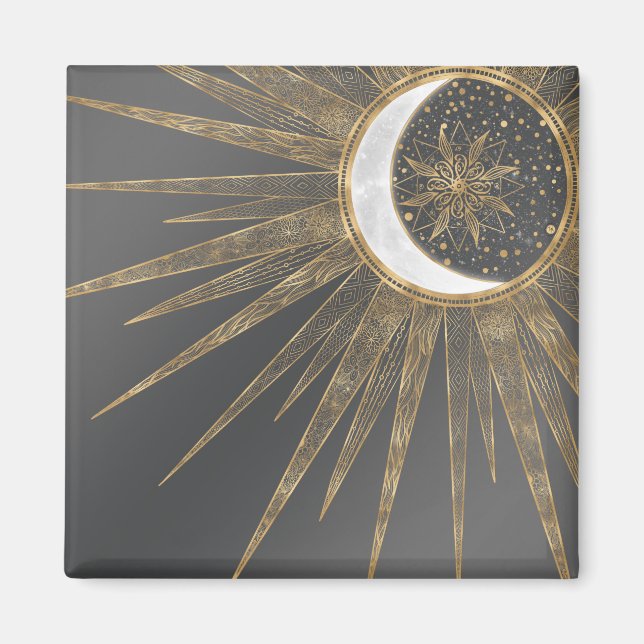 Elegant Gold Doodles Sun Moon Mandala Design Magnet (Front)