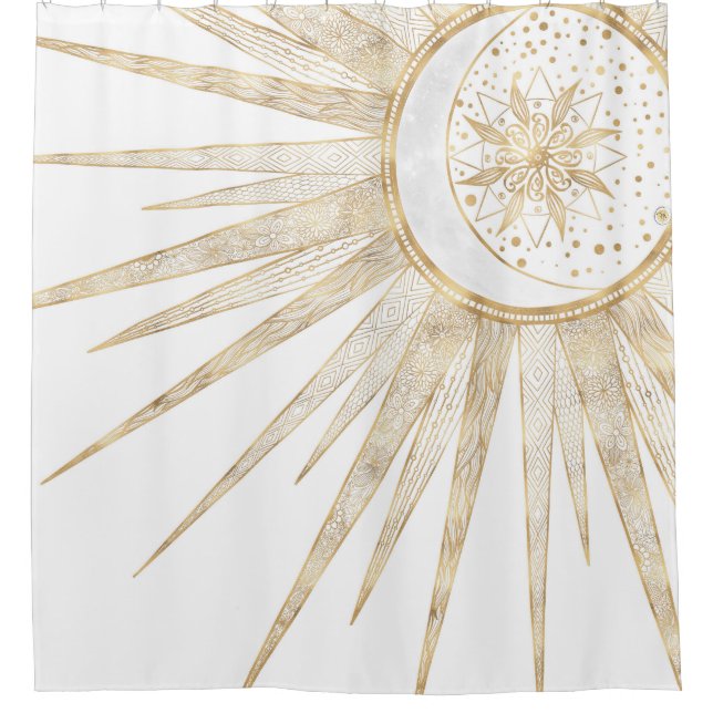 Elegant Gold Doodles Sun Moon Mandala Design Shower Curtain (Front)