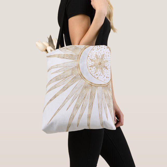 Elegant Gold Doodles Sun Moon Mandala Design Tote Bag (Close Up)