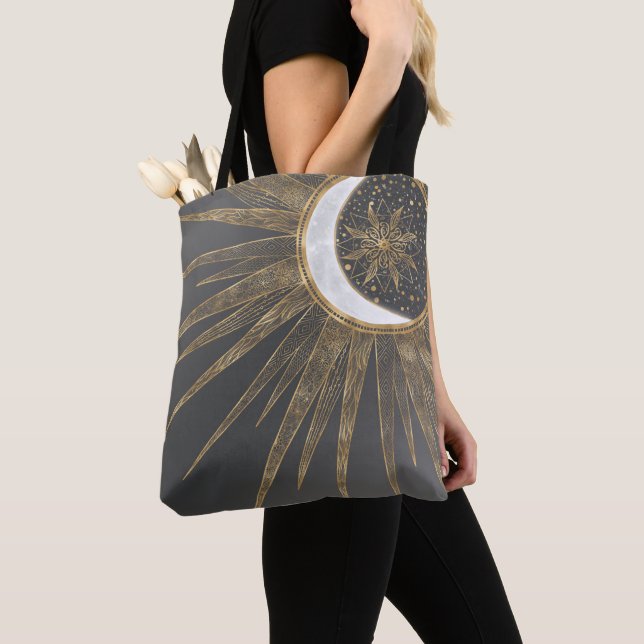 Elegant Gold Doodles Sun Moon Mandala Design Tote Bag (Close Up)