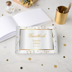 Elegant Gold Dots and White Satin Guestbook