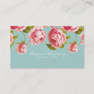 Elegant Gold Dots & Pink Roses Custom Business Card