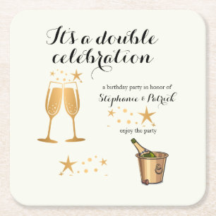 Elegant Gold Double Celebration Joint Birthday Square Paper Coaster