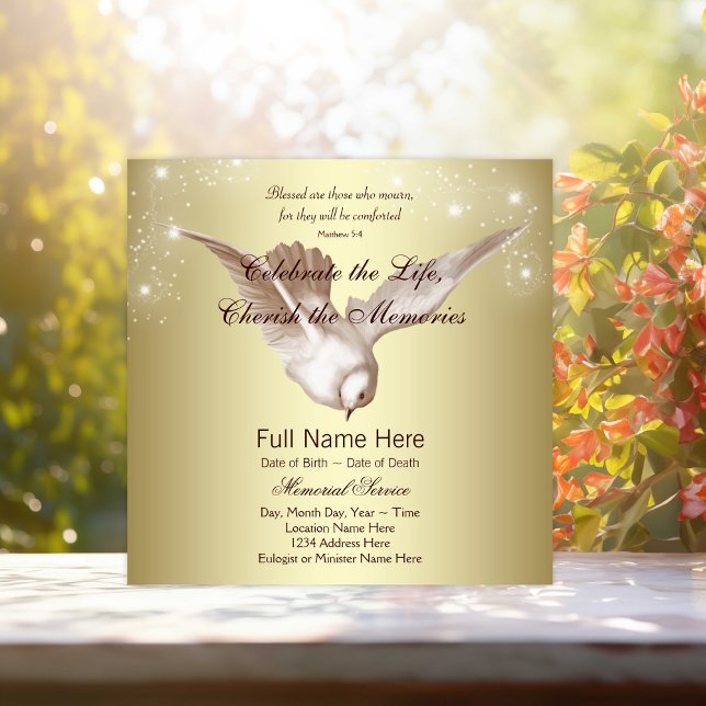 Elegant Gold Dove In Loving Memory Memorial Invitation (Elegant gold dove memorial service announcements. Simply add your event details.)