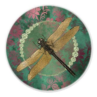 Elegant Gold Dragonfly on Green With Rhinestones Ceramic Knob
