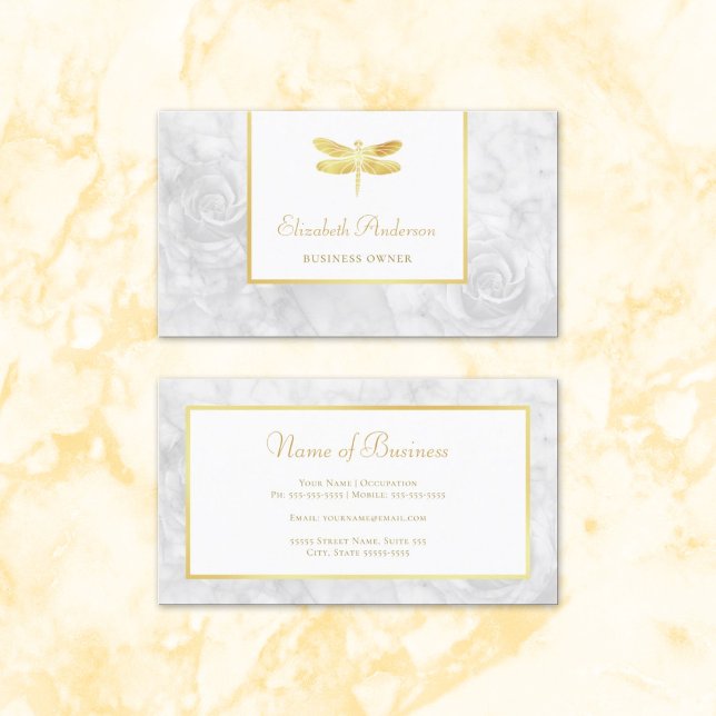 Elegant Gold Dragonfly White Rose Marble Business Card (Elegant Gold Dragonfly White Rose Marble Business Cards)