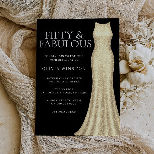 Elegant Gold Dress & Black Womans 50th Birthday Invitation
