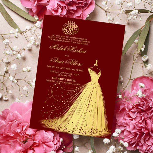 Elegant Gold Dress Burgundy Islamic Muslim wedding Invitation (Creator Uploaded)