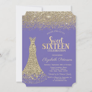 Elegant  Gold Dress Diamonds Lavander Sweet 16  Invitation