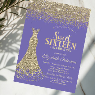 Elegant Gold Dress Diamonds Lavander Sweet 16 Invitation