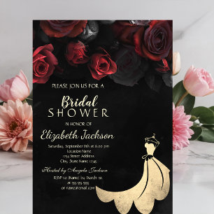Elegant Gold Dress Red Roses Black Bridal Shower  Invitation