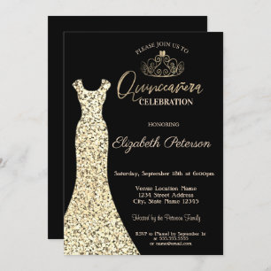 Elegant Gold Dress, Tiara Quinceañera Invitation