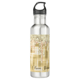 Elegant gold dripping glitter monogram 710 ml water bottle