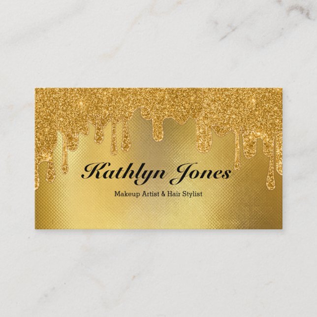 Elegant Gold Dripping Simple Makeup Hair Beauty  Business Card (Front)