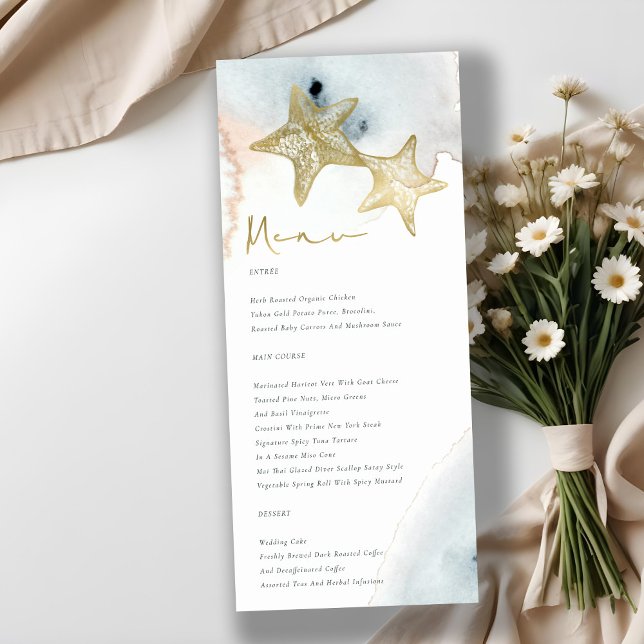 ELEGANT GOLD DUSKY BLUE BEACHY STARFISH WEDDING MENU (Creator Uploaded)
