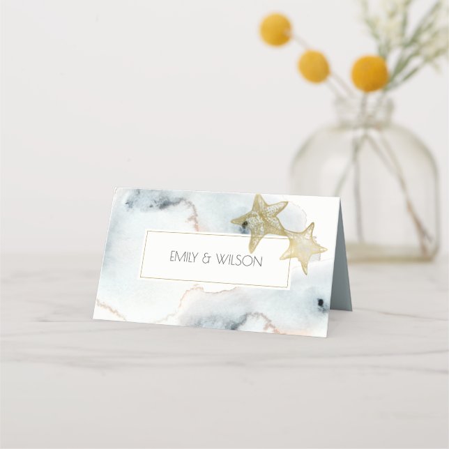 ELEGANT GOLD DUSKY BLUE BEACHY STARFISH WEDDING  PLACE CARD (Back)