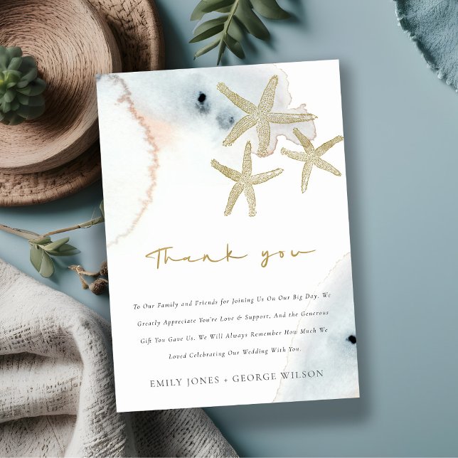 ELEGANT GOLD DUSKY BLUE BEACHY STARFISH WEDDING THANK YOU CARD (Creator Uploaded)