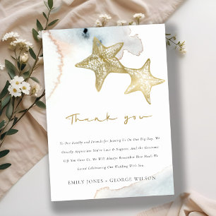 ELEGANT GOLD DUSKY BLUE BEACHY STARFISH WEDDING THANK YOU CARD