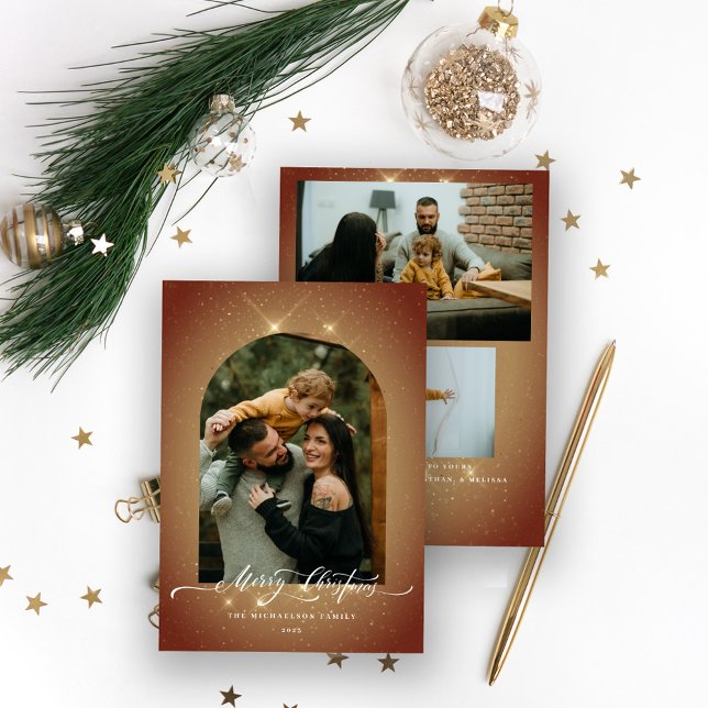 Elegant Gold Dust 3-Photo Merry Christmas Holiday Card (Creator Uploaded)