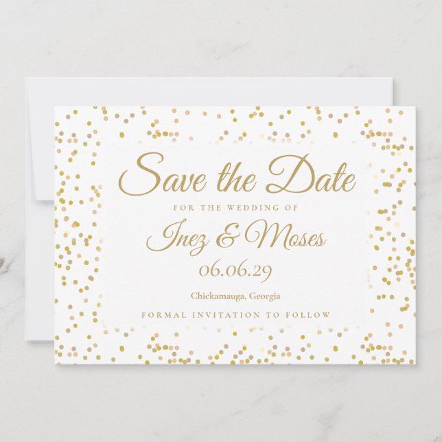 Elegant Gold Dust Confetti Chic Script Wedding Save The Date (Front)