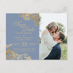 Elegant Gold Dusty Blue Floral Save the Date Announcement Postcard