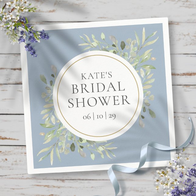 Elegant Gold Dusty Blue Greenery Bridal Shower Napkin (Elegant Gold Dusty Blue Greenery Bridal Shower Napkins)