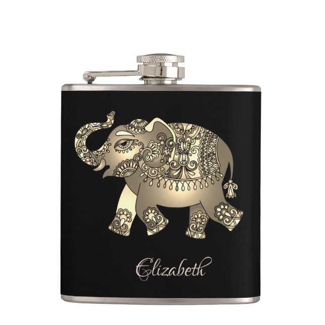 Elegant  Gold Elephant Floral, Black- Personalised Hip Flask (Front)