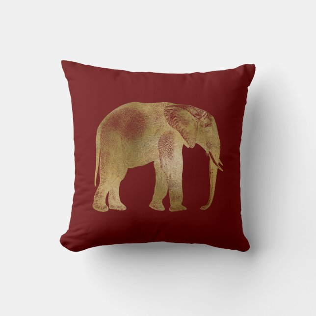 Elegant Gold Elephant on Burgundy Background Cushion (Front)