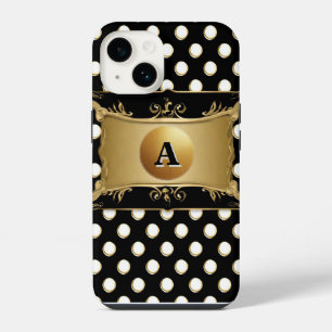 Elegant Gold Emblem on Polka-Dot iPhone 14 Case