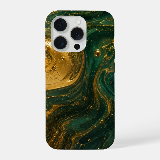 Elegant Gold & Emerald Fluid Art iPhone 15 Pro Max Case (Back)