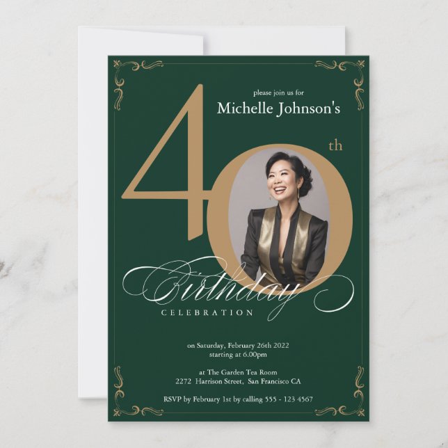 Elegant Gold Emerald Green 40th Birthday Invitation (Front)